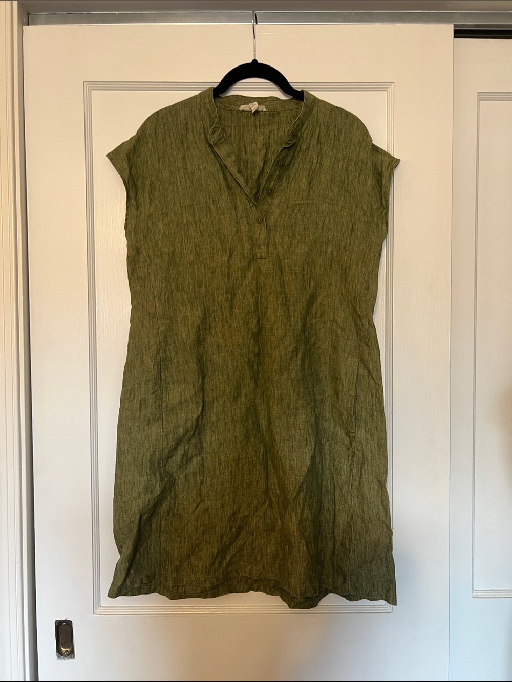 Eileen Fisher Olive Cilantro Green 100%Linen Midi Shift Dress pockets